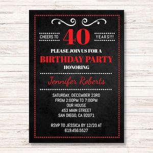 40th Birthday Party Invitation, INSTANT DOWNLOAD Digital Template, ANY Age, Chalkboard Red Black White, Cheers to 40 Years, Red Invitations