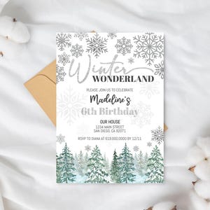 May include: A white invitation with silver glitter snowflakes and a winter wonderland theme. The invitation is for Madeline's 6th birthday party. The text reads "Winter Wonderland" and "Please join us to celebrate Madeline's 6th Birthday".
