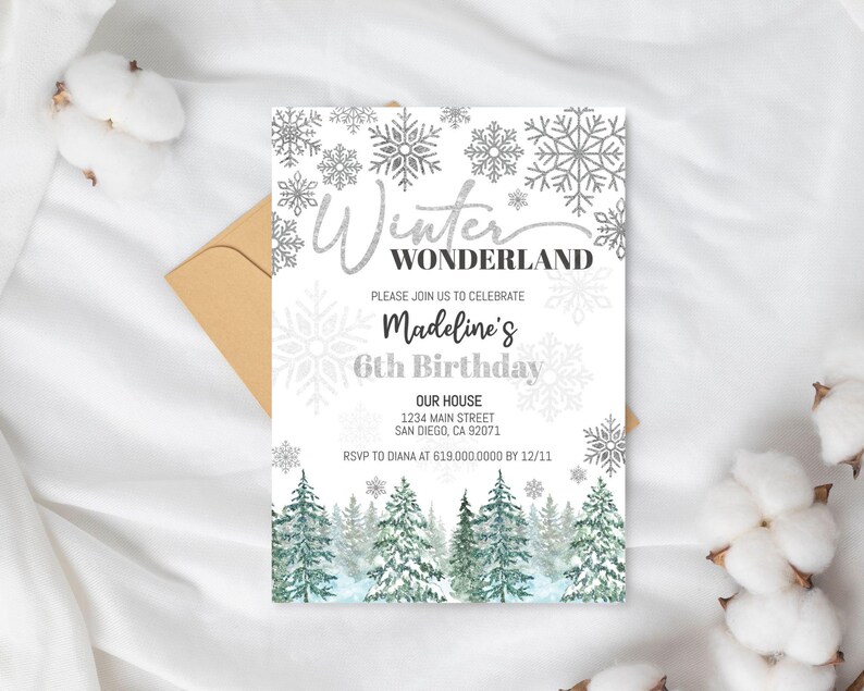 May include: A white invitation with silver glitter snowflakes and a winter wonderland theme. The invitation is for Madeline's 6th birthday party. The text reads "Winter Wonderland" and "Please join us to celebrate Madeline's 6th Birthday".