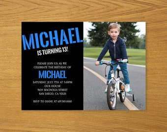 Photo Black and Blue Birthday Invitation for Boys Teens/ANY AGE/Color/Edit Yourself Printable Blue Birthday Invitations/Instant Download/DIY