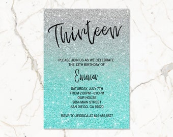 Glitter Teal & Silver Birthday Invitation Template/Girls Women Kids Teens/ANY AGE/Template Glitter Birthday Invitations/Instant Download