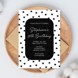 May include: A birthday invitation with a black and white polka dot design. The invitation features a black rounded rectangle with the text "Stephanie's 25th Birthday". Additional text includes the date, time, location, and RSVP information. The invitation is on a wooden plate.