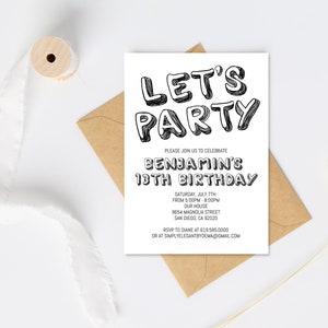 Simple Black and White Birthday Invitation Template, ANY AGE, Instant Download Birthday Invitation for Boys Teens Kids Girls, Corjl DIY image 2