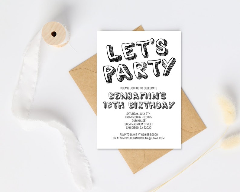 Simple Black and White Birthday Invitation Template, ANY AGE, Instant Download Birthday Invitation for Boys Teens Kids Girls, Corjl DIY image 2