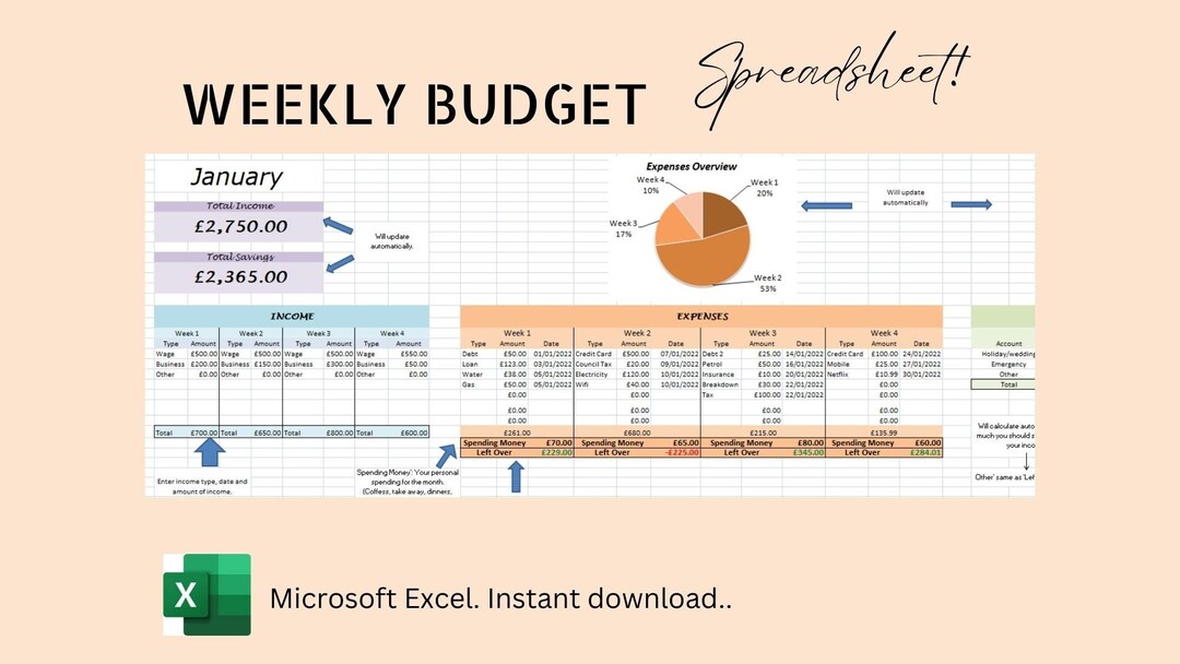 Weekly Budget Spreadsheet Excel Template Savings Tracker Etsy