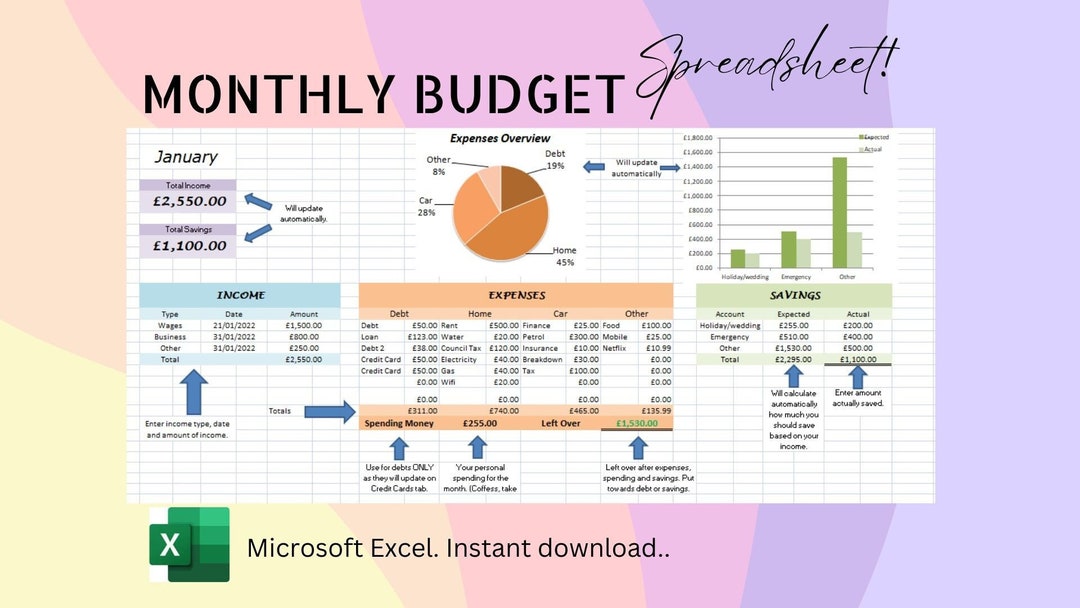 Monthly Budget Spreadsheet Excel Template, Savings Tracker, Debt Payoff