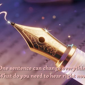 Puede incluir: Primer plano de un plumín dorado con diseños intrincados, escribiendo una línea curva. El fondo es morado y el texto dice: "Una frase puede cambiarlo todo. ¿Qué necesitas oír ahora mismo?"