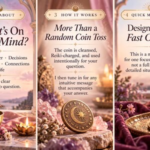 Pu&ograve; includere: Un grafico informativo a tre pannelli con una moneta in bronzo dal design con sole e luna. Il testo include: 2 Ask About What's On Your Mind, 3 How It Works More Than a Random Coin Toss e 4 Quick Means Quick Designed for a Fast Check-In.