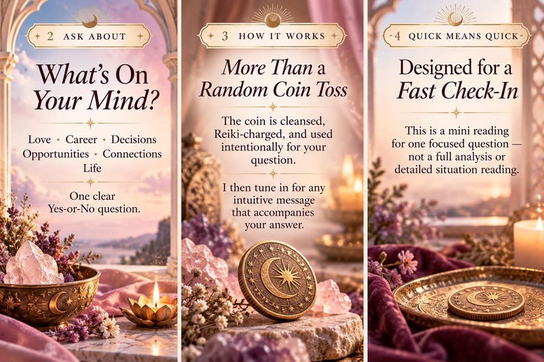 Pu&ograve; includere: Un grafico informativo a tre pannelli con una moneta in bronzo dal design con sole e luna. Il testo include: 2 Ask About What's On Your Mind, 3 How It Works More Than a Random Coin Toss e 4 Quick Means Quick Designed for a Fast Check-In.