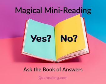 Può includere: Un libro aperto con copertine rosse e pagine blu e gialle. La pagina sinistra dice "Yes?" e la pagina destra dice "No?". Il testo "Magical Mini-Reading" è sopra il libro e "Ask the Book of Answers" è sotto.