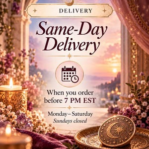 Pu&ograve; includere: Una grafica digitale con il testo Delivery, Same-Day Delivery, When you order before 7 PM EST, Monday-Saturday, Sundays closed. L'immagine include un'icona di calendario, una moneta dorata con una luna crescente e candele accese tra i fiori.