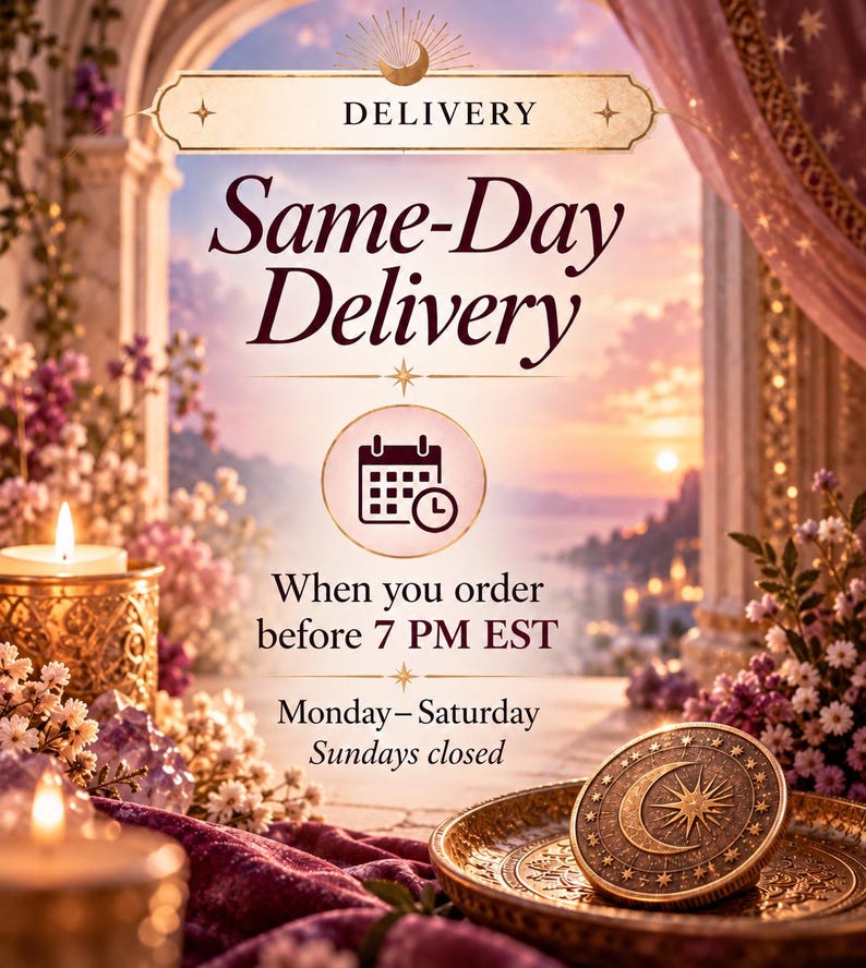 Pu&ograve; includere: Una grafica digitale con il testo Delivery, Same-Day Delivery, When you order before 7 PM EST, Monday-Saturday, Sundays closed. L'immagine include un'icona di calendario, una moneta dorata con una luna crescente e candele accese tra i fiori.
