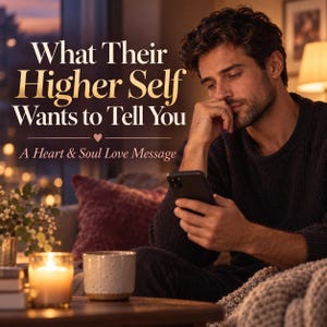 Pode incluir: Uma pessoa de cabelo escuro e barba vestindo um suéter escuro, olhando para um smartphone. O texto diz: What Their Higher Self Wants to Tell You, A Heart & Soul Love Message. Uma vela acesa e uma caneca salpicada estão na mesa em primeiro plano.