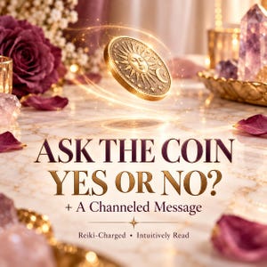Pu&ograve; includere: Una moneta in metallo dorato con un design in rilievo raffigurante un sole e una luna crescente, sospesa sopra il testo: ASK THE COIN YES OR NO? + A Channeled Message. Sotto, il testo recita: Reiki-Charged &bull; Intuitively Read.
