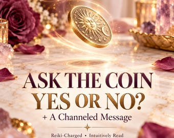 Può includere: Una moneta in metallo dorato con un design in rilievo raffigurante un sole e una luna crescente, sospesa sopra il testo: ASK THE COIN YES OR NO? + A Channeled Message. Sotto, il testo recita: Reiki-Charged • Intuitively Read.