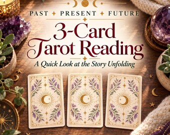 Può includere: Tre carte dei tarocchi con un disegno di luna crescente e fiori sono disposte su una superficie di legno. Il testo recita: Past, Present, Future, 3-Card Tarot Reading, A Quick Look at the Story Unfolding. La scena include cristalli, una candela e piante.