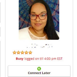 May include: A woman with long black hair and glasses is pictured. She is smiling and wearing a red shirt. The image has a five-star rating and the text "Busy logged on till 4:00 pm EST".