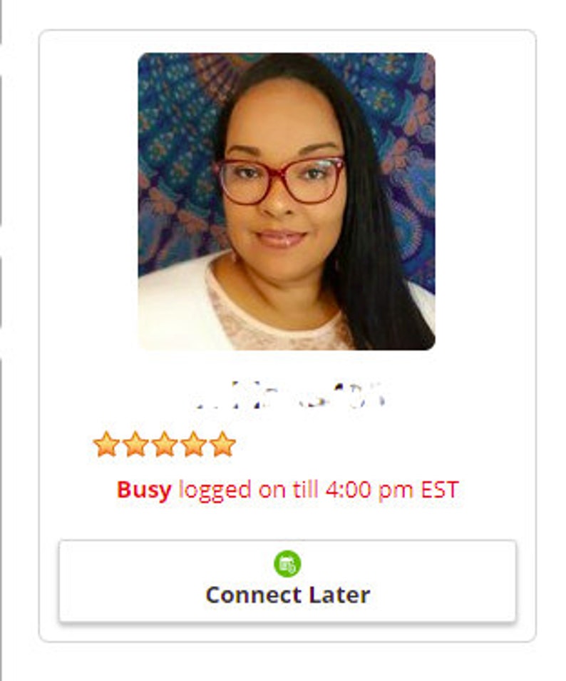 May include: A woman with long black hair and glasses is pictured. She is smiling and wearing a red shirt. The image has a five-star rating and the text "Busy logged on till 4:00 pm EST".