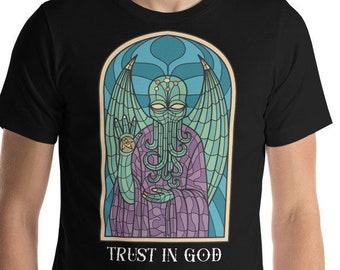 Stained Glass Cthulhu T-Shirt: Embrace the Eerie Beauty of Lovecraft's Cosmic Horror