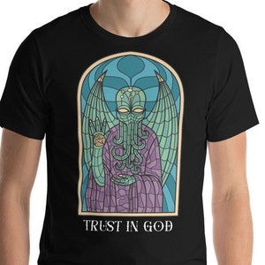 Stained Glass Cthulhu T-Shirt: Embrace the Eerie Beauty of Lovecraft's Cosmic Horror