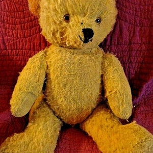 Peut inclure: Un ours en peluche vintage de couleur jaune avec une texture usée et duveteuse. L'ours a des yeux en boutons noirs et un nez noir cousu. L'ours est assis sur un tissu matelassé rouge.