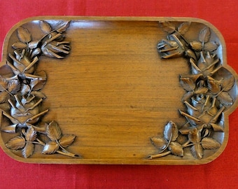 plateau de service bois sculpté art deco sculpture roses victorian tray