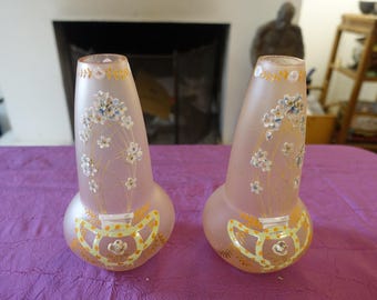 pair of single-flower vases enamelled glass paste 1900 art nouveau Legras?