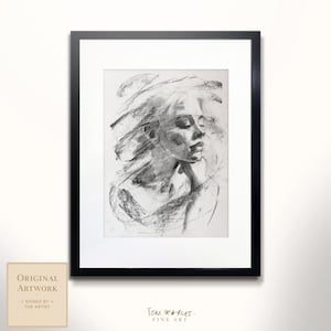 Boceto original de retrato al carboncillo A3 / Dibujo figurativo expresivo / Obra de arte única imagen 1