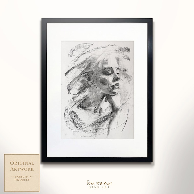 Boceto original de retrato al carboncillo A3 / Dibujo figurativo expresivo / Obra de arte única imagen 1