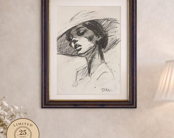 Retrato en carboncillo de edición limitada (25 ejemplares) – Firmado y numerado – Dibujo de figura femenina – Obra enmarcada en formato A3/A2 – Decoración de pared contemporánea