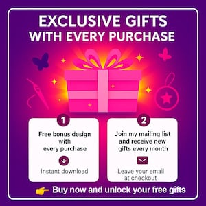 May include: A purple promotional graphic with the text "EXCLUSIVE GIFTS WITH EVERY PURCHASE." It features a pink gift box, stars, and butterflies. Text boxes offer a free bonus design and a mailing list signup.