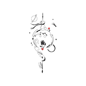Può includere: Illustrazione in bianco e nero di linee del Piccolo Principe seduto su una luna crescente con una rosa rossa. L'illustrazione include un piccolo pianeta, una stella cadente e un cuore.
