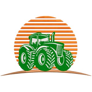 Pode incluir: Ilustração de um trator verde com pneus grandes, contra um fundo laranja e castanho que se assemelha a um pôr do sol. O trator é detalhado com detalhes brancos, sugerindo um tema agrícola.