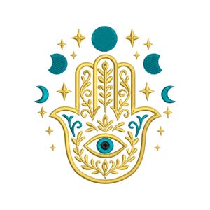 May include: Embroidered design featuring a gold Hamsa hand with an eye in the center, surrounded by gold stars, teal crescent moons, and a teal circle. The design has intricate floral and leaf patterns.