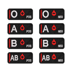 May include: A set of eight rectangular black embroidered patches featuring white blood type letters O, A, B, and AB. Each patch includes a red blood drop icon with a plus or minus sign and the text POS or NEG, indicating positive or negative blood types.