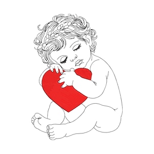 May include: A black and white line drawing of a baby holding a red heart. The baby has a flower crown on its head and is sleeping.