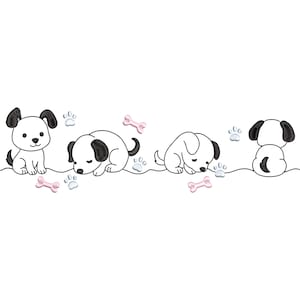 May include: An embroidered design featuring four cartoon puppies with black ears and accents. The puppies are white with black ears and tails, along with pink bones and paw prints. The design is on a white background.
