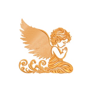 Puede incluir: Un diseño bordado en oro de un ángel rezando con alas y cabello rizado.