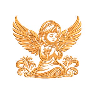 May include: A gold embroidered design of an angel with wings, praying with hands clasped together. The angel is sitting on a bed of gold embroidered flowers.