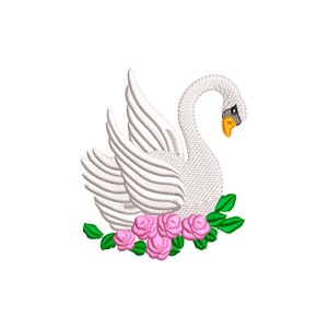May include: White swan with outstretched wings, surrounded by pink roses and green leaves. The swan has a yellow beak and black eyes.