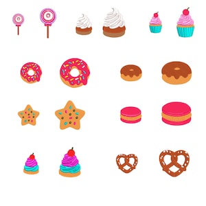 May include: A collection of colorful and sweet treats, including cupcakes, donuts, lollipops, cookies, and pretzels. The treats are arranged in a grid pattern on a white background.