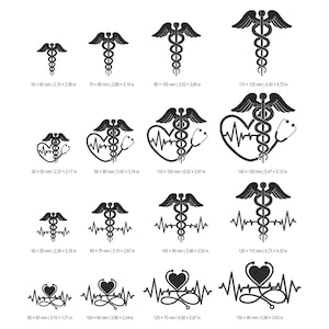 May include: Various black medical emblem designs, including the caduceus, heart with a heartbeat line, and stethoscope. Sizes range from 55 x 60 mm to 150 x 90 mm. Suitable for medical professionals and healthcare-related applications.