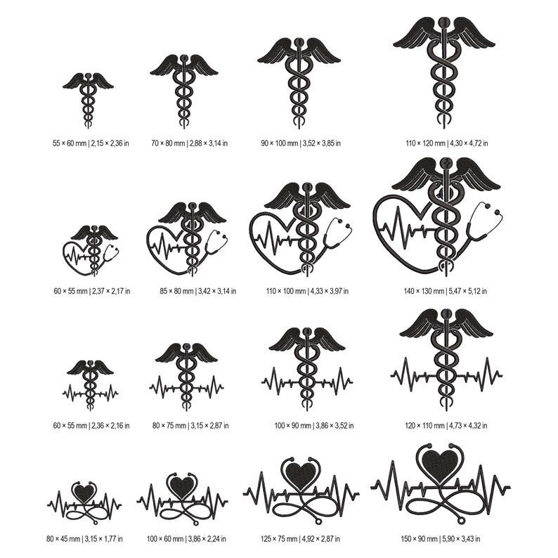 May include: Various black medical emblem designs, including the caduceus, heart with a heartbeat line, and stethoscope. Sizes range from 55 x 60 mm to 150 x 90 mm. Suitable for medical professionals and healthcare-related applications.