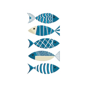 Stickmuster mit 5 dekorativen Fischen, für Stickmaschine. 4 Größen