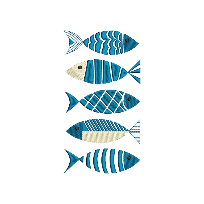 以下が含まれることがあります： 異なるパターンを持つ5匹の青と白の魚が縦に一列に並んでいます。魚はスタイリッシュでシンプルなデザインです。