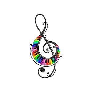 Puede incluir: Una clave de sol negra con un diseño de teclado de piano arcoíris. El teclado está formado por teclas individuales de diferentes colores, creando un efecto vibrante y colorido.