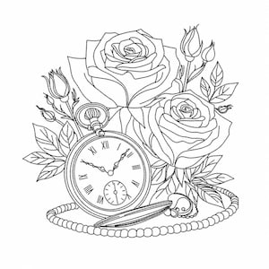 Clock embroidery design with roses, for embroidery machine, 2 sizes