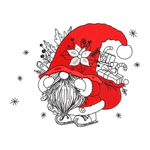 May include: An embroidered gnome wearing a red hat with a white poinsettia, carrying a sack of gifts and candy canes while ice skating. The design features black line art details, white accents, and small star shapes on a white background.