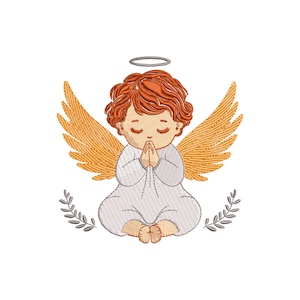 May include: An embroidery design of a cherubic angel with curly auburn hair, closed eyes, and hands pressed together in prayer. The figure wears a light-coloured robe, features large golden wings, a grey halo, and is flanked by two grey leafy sprigs.