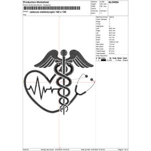 May include: An embroidered design featuring a caduceus symbol, a heartbeat within a heart, and a stethoscope. The design is in black and is labeled "caduceo estetoscopio 140 x 130". The design is 12.8 cm high and 13.9 cm wide.